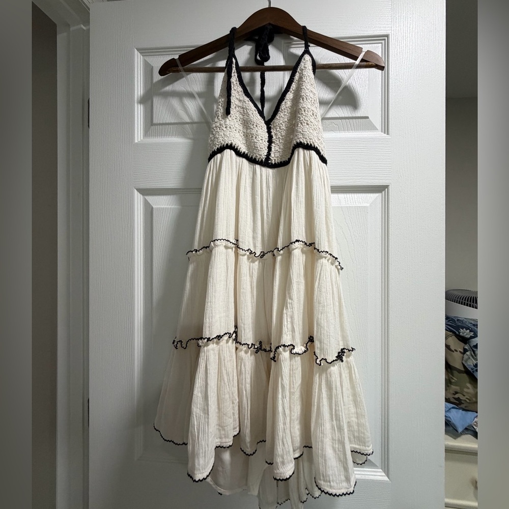 Boho Crochet tiered mini dress- Halter dress- Cottage core/ beach vibes. size S